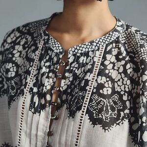 By Anthropologie Black and White Puff Sleeve Peasant Patterned Blouse XL